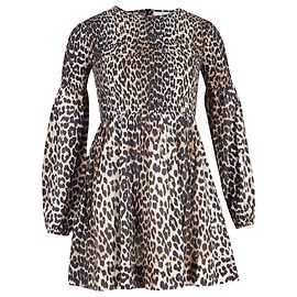 Ganni Minivestido fruncido de algodón con estampado animal