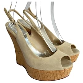 Gucci Beige Suede Slingback Cork Wedge Sandals