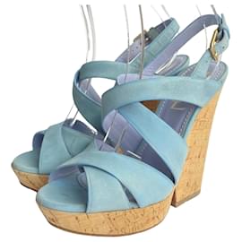 Sandales à talons compensés Yves Saint Laurent Lauren en daim bleu
