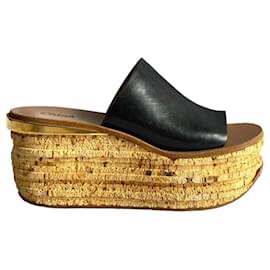 Chloé Black Leather Cork Wedge Platform Slide Sandals