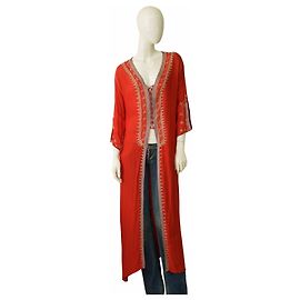 Autre Marque Dal Mare Cardigan Caftano Lungo in Cotone Ricamato Rosso