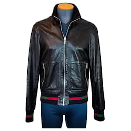 Gucci Bomber in Pelle Nero con Strisce Verdi e Rosse