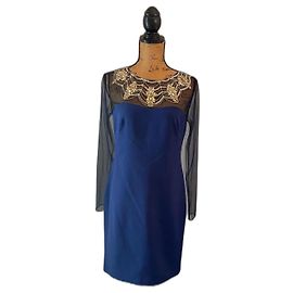 Marchesa Dunkelblaues Seidenkleid mit goldener Stickerei