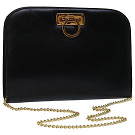 Salvatore Ferragamo Gancini Borsa A Tracolla Con Catena Pelle Nera Auth ki4289