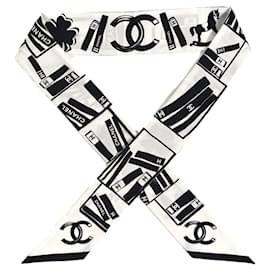 Chanel Bandeau Schal Logo Schwarz Weiß Seide