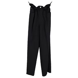 Calça Miu Miu Paperbag Straight-Leg em Lã Preta