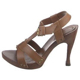 Bottega Veneta Sandali color cuoio con tacco alto e plateau in legno.