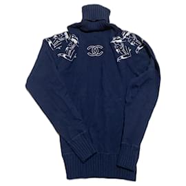 Chanel Kaschmirpullover in Blau mit Coco Chanel Stickerei