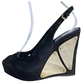 Gucci Black Suede Peep Toe Platform Wedge Sandals