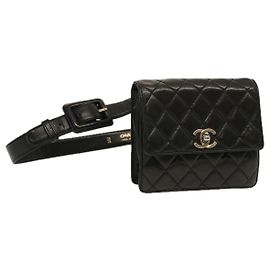 CHANEL Matelasse Turn Lock Marsupio Pelle di agnello Nero CC Auth yk11590