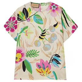 Camiseta Gucci de seda con estampado floral crema multicolor