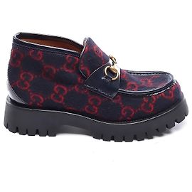 Stivaletti Gucci Horsebit in lana GG blu e pelle