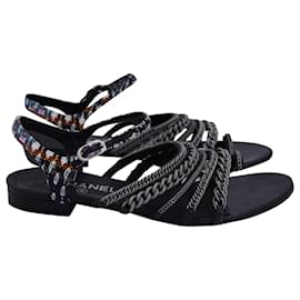 Chanel 2015 Tweed-Sandalen mit Kettengliedern aus schwarzem Leder 