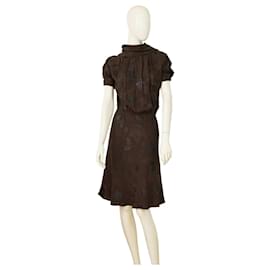 Abito in seta marrone Dsquared2 con motivo foglie e logo