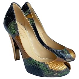 Gucci Python Leder Peep Toe Pumps Gold Spiegel Absatz