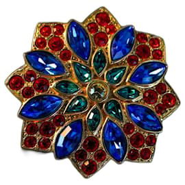 Broche Pendentif Yves Saint Laurent Métal Doré et Cristaux Colorés