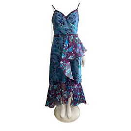 Marchesa Blumige Organza ärmelloses High-Low-Kleid mit seitlichem Rüschen.