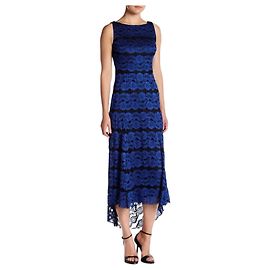 Vera Wang Abito in pizzo blu reale e nero con effetto high low
