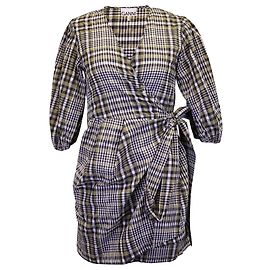 Ganni Wrap Minivestido em algodão xadrez marrom