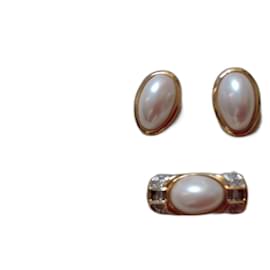 Autre Marque Set Vogue Spilla e Orecchini Placcati Oro con Cristalli e Perle di Mabe