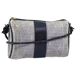 FENDI Zucchino Canvas Shoulder Bag Coated Canvas White Navy Auth 71558