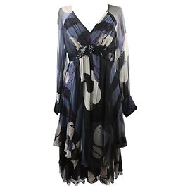 Autre Marque Jeff Galliano Chiffon Kleid Blau Grau Schwarz mit Pailletengürtel