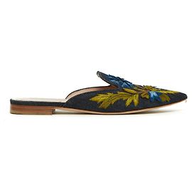 Alberta Ferretti Mules piatte EU39 in denim floreale, scarpe slip-on US8.