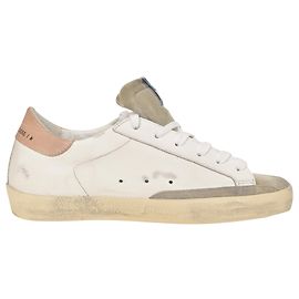 Golden Goose Super-Star mit schwarzem Glitzerstern und rosa Fersenlasche aus weißem Leder