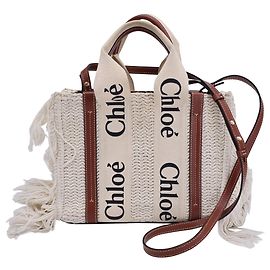 Kleine Tragetasche „Woody Knit Fringe“ von Chloé aus recycelter Baumwolle in Weiß