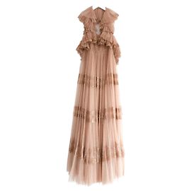 Valentino Gold/Nude gestufter Tüll-Spitzenkleid