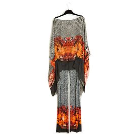 Conjunto Roberto Cavalli FR38 Top Blusa Pantalones Seda Estampado de Fuego UK10 US8