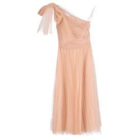 Red Valentino Vestido midi de tul plisado con un solo hombro Point D'esprit en poliéster beige