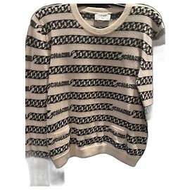 Conjunto Chanel de Suéter e Calças em Cashmere com Estampa de Corrente Preto Bege