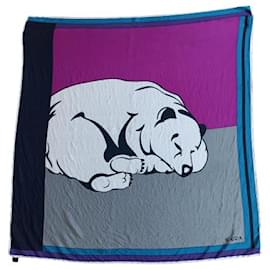Sciarpa Krizia in seta blu con stampa orso bianco