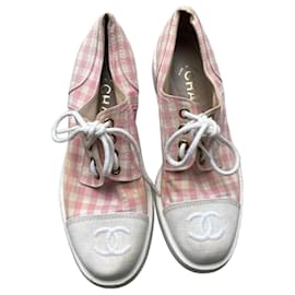Zapatos Derby Chanel Cuadros Rosa y Blanco Algodón