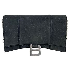 Portafoglio Balenciaga Hourglass con catena in glitter nero