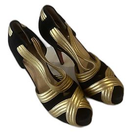 Christian Louboutin Josefa 120 Black Suede Gold Leather Platform Pumps