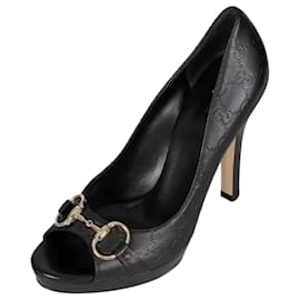 Gucci Guccissima GG Monogramm schwarze Leder-Horsebit-Peeptoe-Pumps