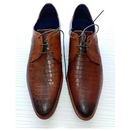 Chaussures Derby formelles pour hommes en cuir cognac imprimé alligator à lacets - Autre Marque