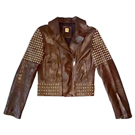 Hugo Boss Chaqueta de cuero de cordero marrón de doble botonadura para motociclista rocker