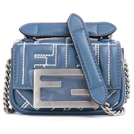FENDI - Borsa a spalla Fendi Nano Baguette in pelle nappa blu-grigio