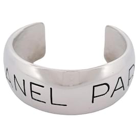BRACCIALE VINTAGE CHANEL MANCHETTE LOGO 1996 T17 METAL ARGENTE CINTURINO IN ACCIAIO ARGENTATO