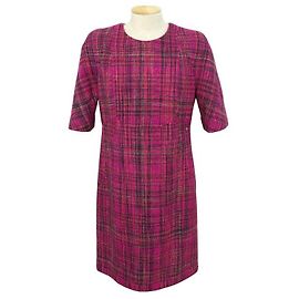 NUEVO VESTIDO CHANEL P59547 42 L EN TWEED CON HILOS ROSAS MANGAS CORTAS
