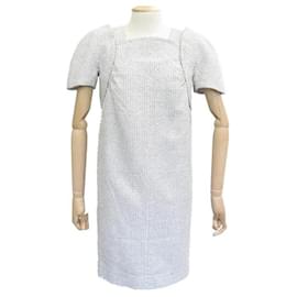 VESTIDO RECTO CHANEL P40448 S 36 EN TWEED BLANCO CON MANGAS CORTAS
