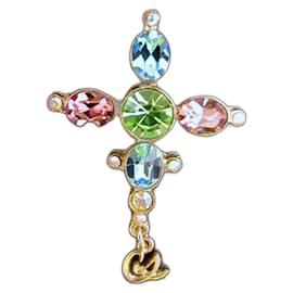 Pendente a croce e spilla Christian Lacroix color argento con pietre di cristallo collana