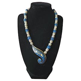 Collana Balenciaga in Perle ed Smalto Bianco Blu