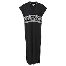 Abito midi in cotone nero con logo a V di Kenzo