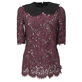 Blusa de algodón burdeos con mangas 3/4 de encaje floral Dolce & Gabbana