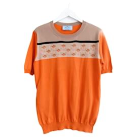 Prada Primavera 2014 Maglione in Seta e Lana Arancione con Intarsia Floreale in Maglia Fine