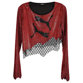 Top corto asimmetrico in poliestere rosso Balmain x Puma con strass Rhine